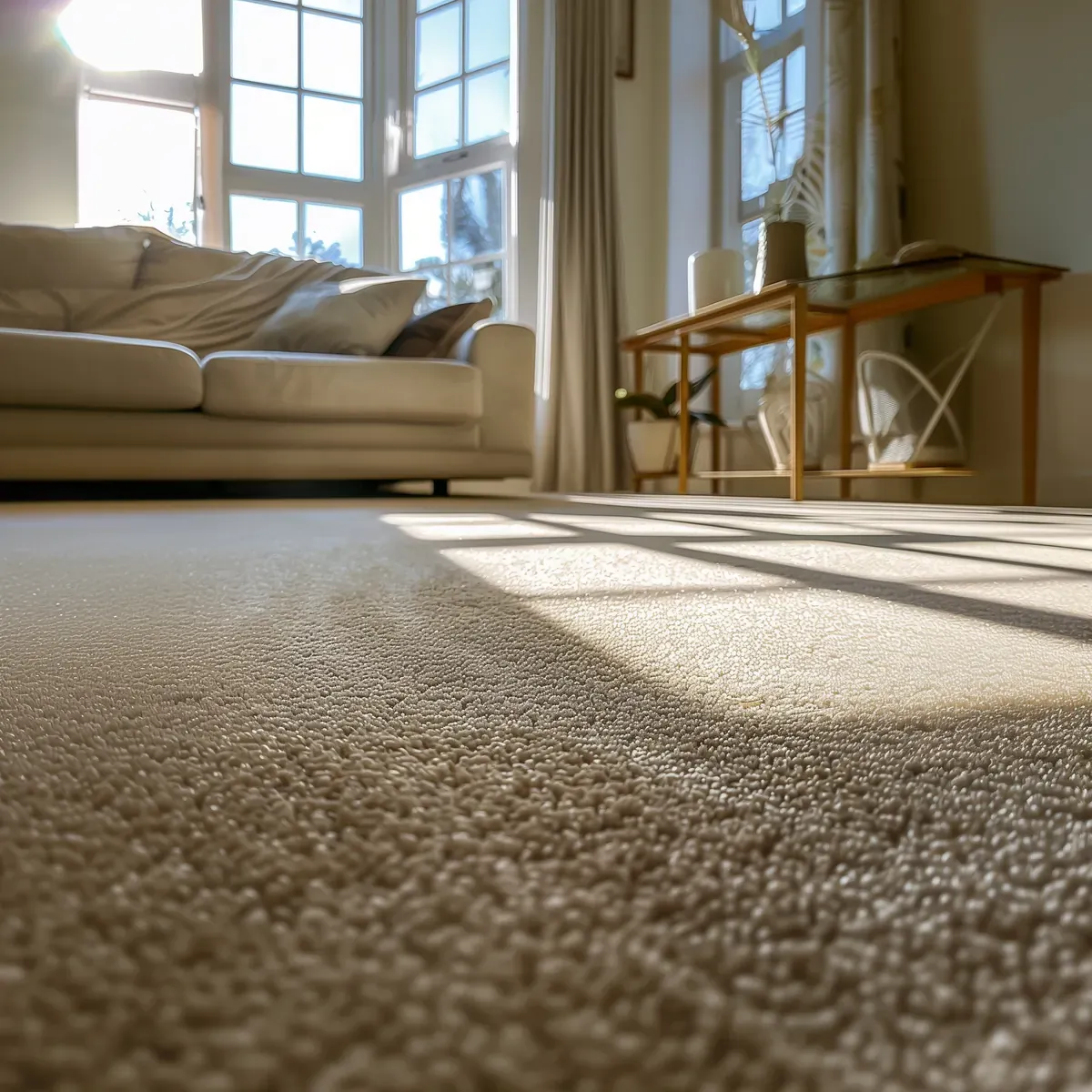 A bright living room with carpet and tall windows
