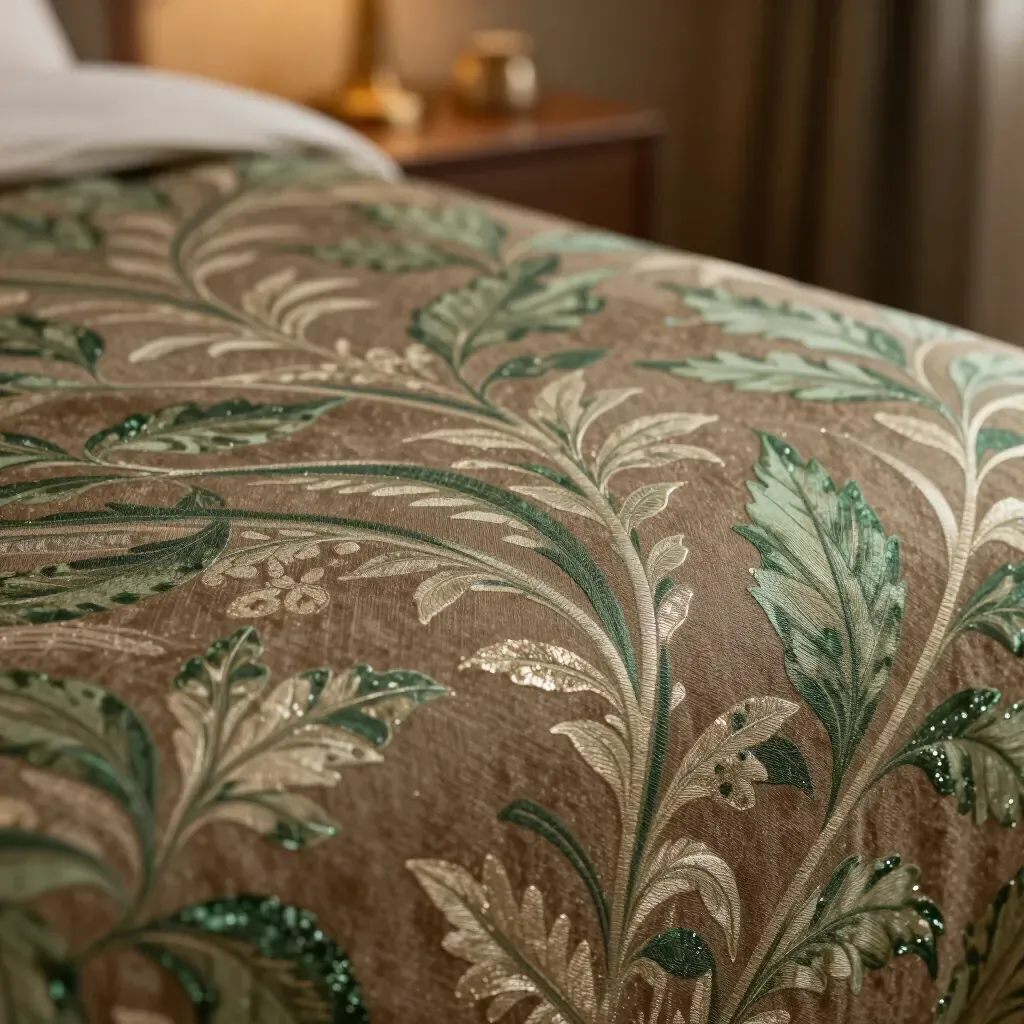 Green and gold floral upholstery fabric on a bed