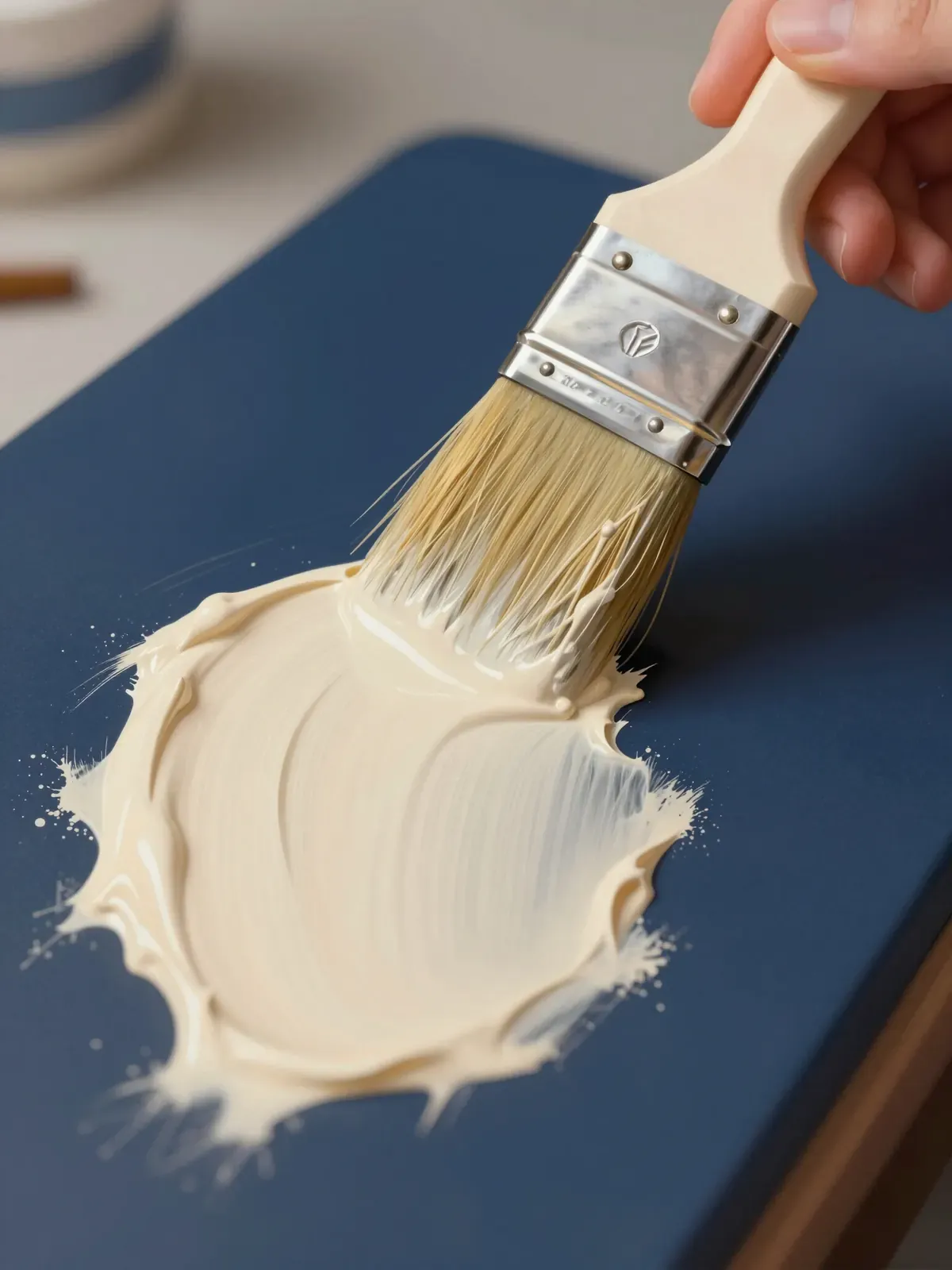 A brush spreading cream paint over navy