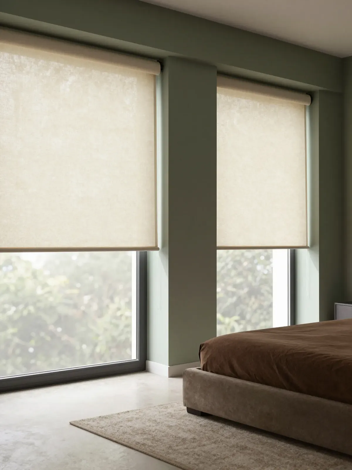 Roller shades on bedroom windows