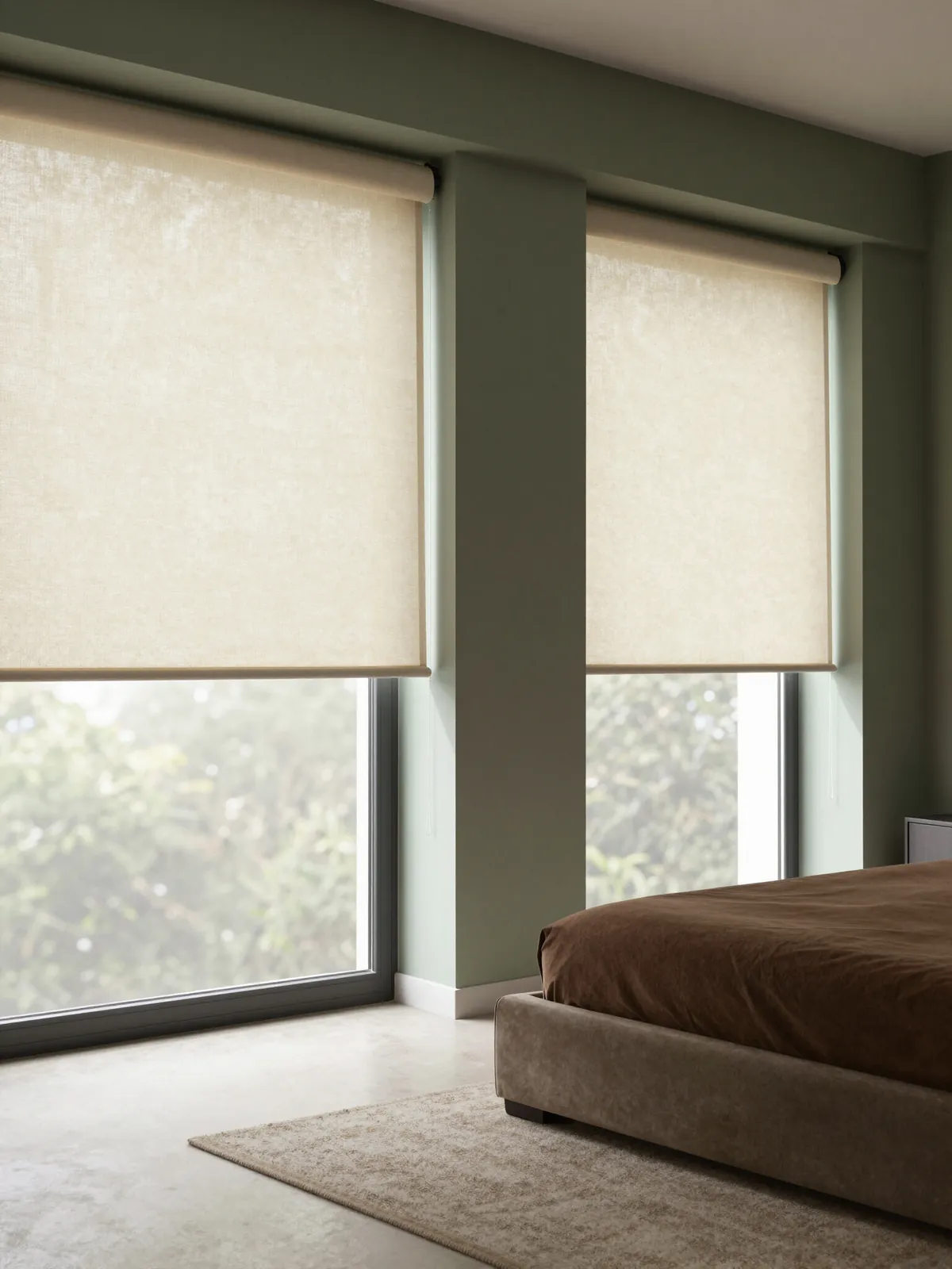 Tall double-hung sashes in a large colonial living room, each fitted with a made-to-measure wood blind