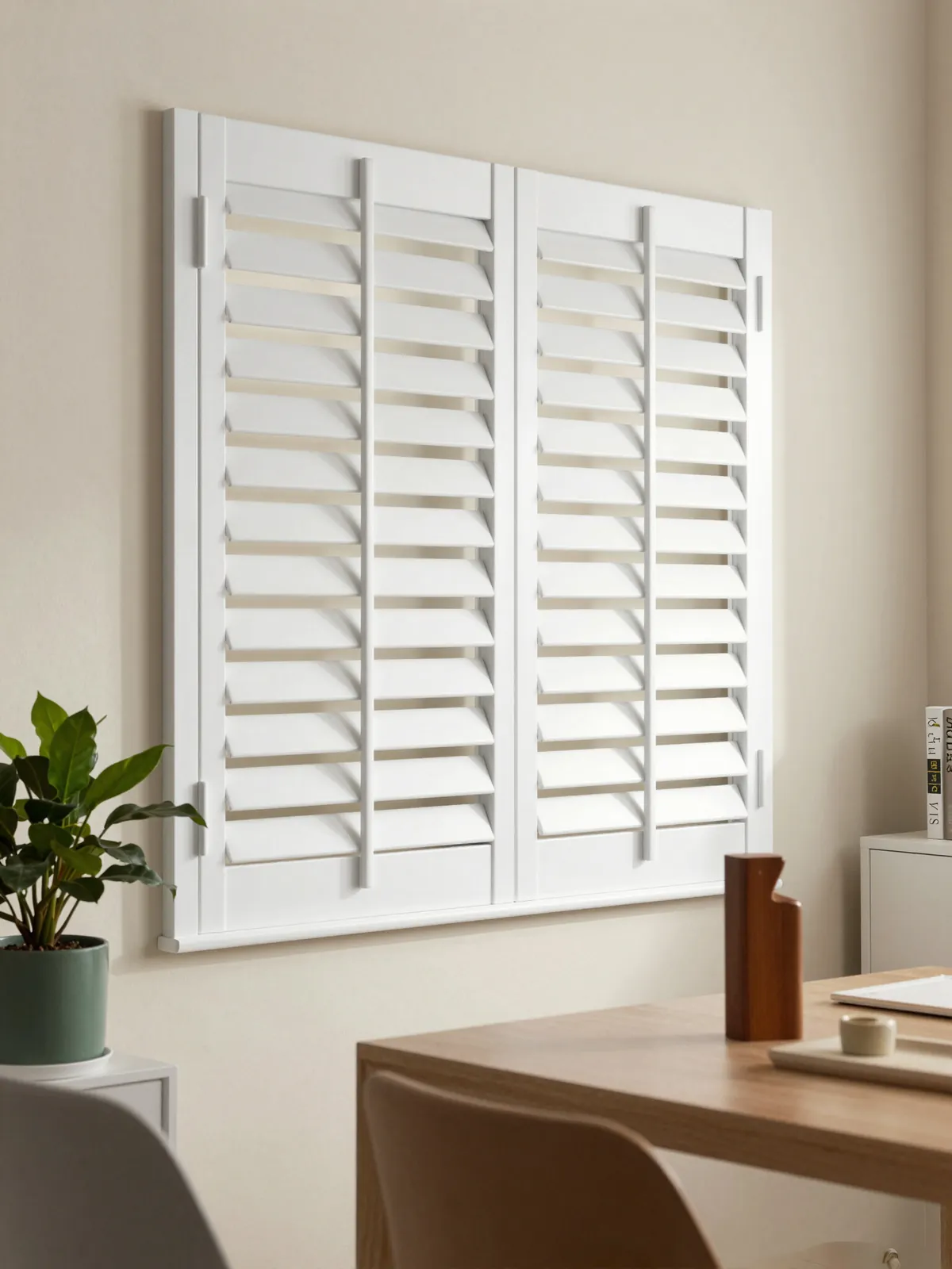 Crisp white louvered shutters on the front windows of a colonial living room