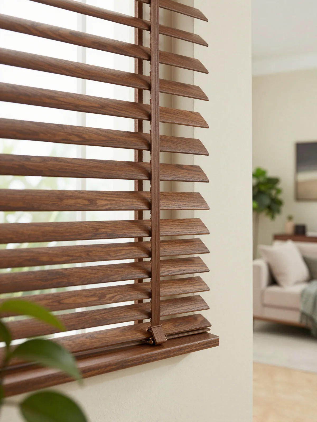 Natural wood blinds tilted to direct daylight into a living room