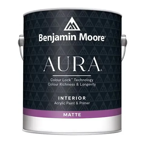 Benjamin Moore colour cards fanned out beside a paint can